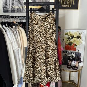 Zara Leopard Satin Slit Midi Skirt Brown Black XS